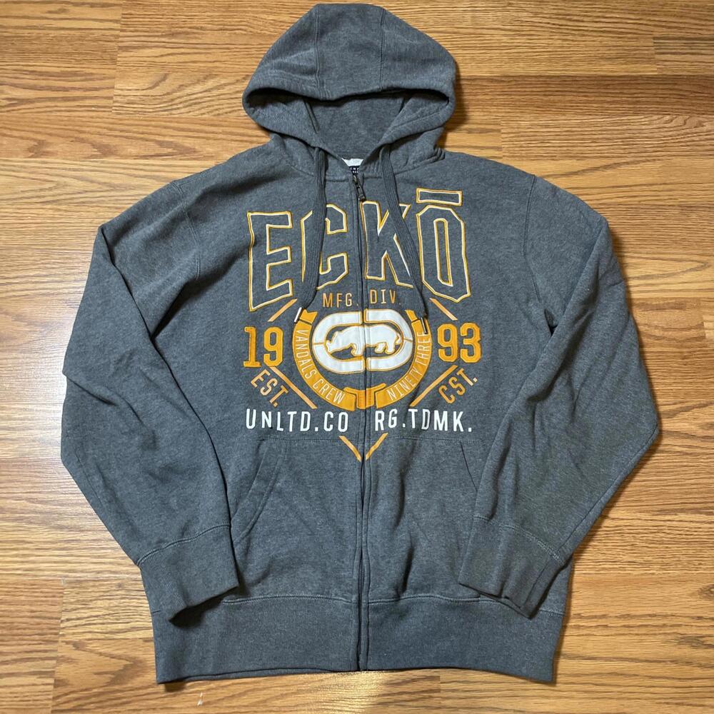 Y2K Ecko UNLTD Hoodie Mens M Gray Zip Up Big Rhino Logo